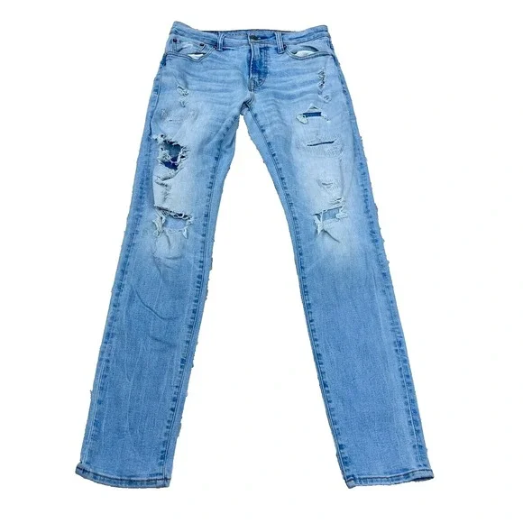 American Eagle Jeans Men 30x34 Athletic Skinny Fit Light Wash Faded Holes Ripped