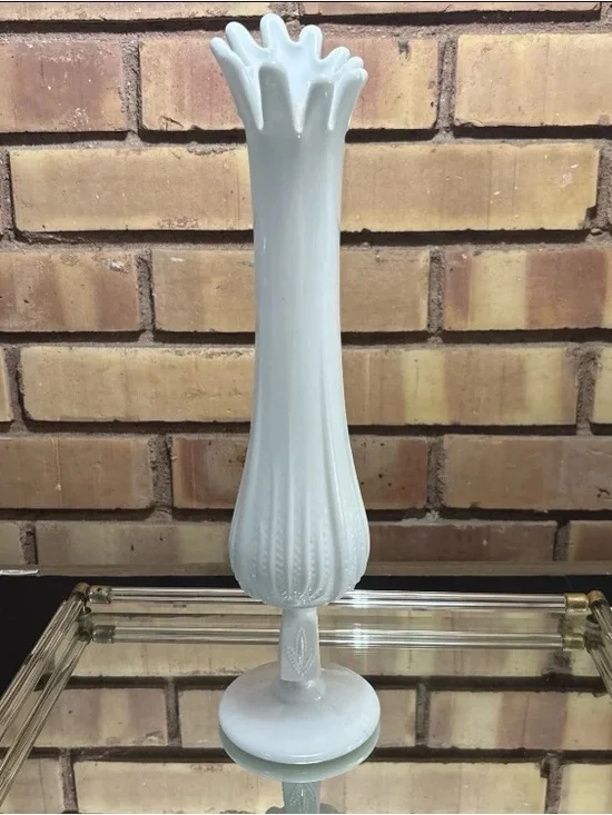 Vintage Fenton Milk Glass Swung Vase Early 1960’s  Cactus/Agave Pattern 12.5”