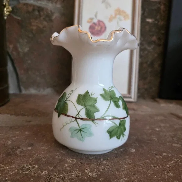 Vintage Consolidated Milk Glass Ivy Vase Hand Painted Ruffled Gold Rim 6 Inch