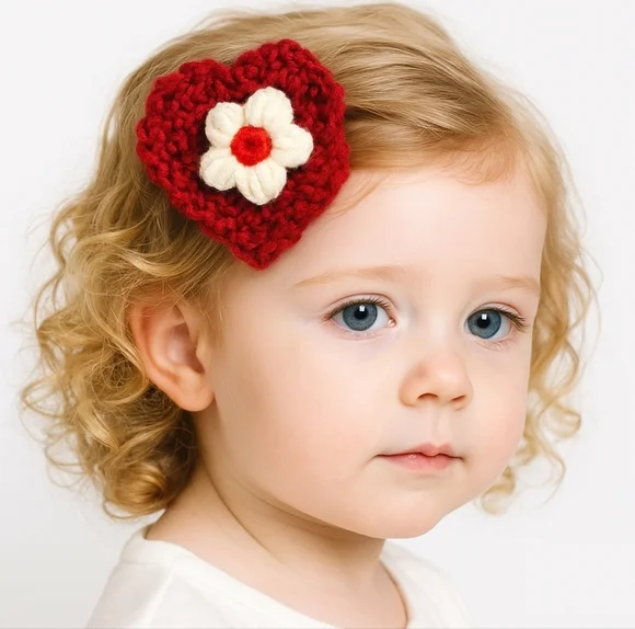Hand Crafted Red Crochet Chunky yarn Red & white Puffy Flower barrette Hair Clip