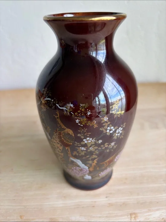 Vintage Japanese Burgundy Ceramic Peacock Accent Vase with Gold Floral Detail