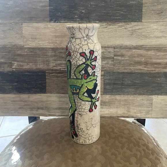 Artisan Raku Pottery Frog Vase Signed Hand Painted Crackle Glaze Ceramic 10 Inch