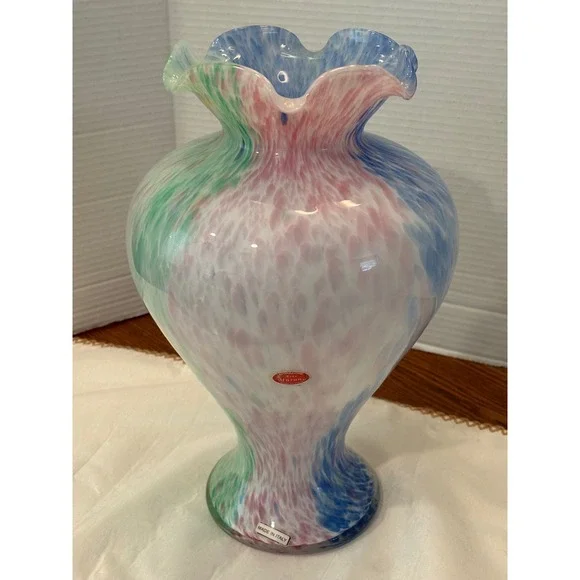 Arte Murano Glass Vase Ruffled Rim Confetti Blue Pink Green  11.75