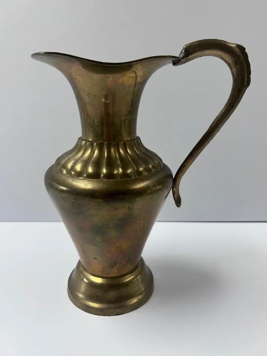 Vintage Enesco Heavy Solid Brass Pitcher Flower Vase 9” Made in India