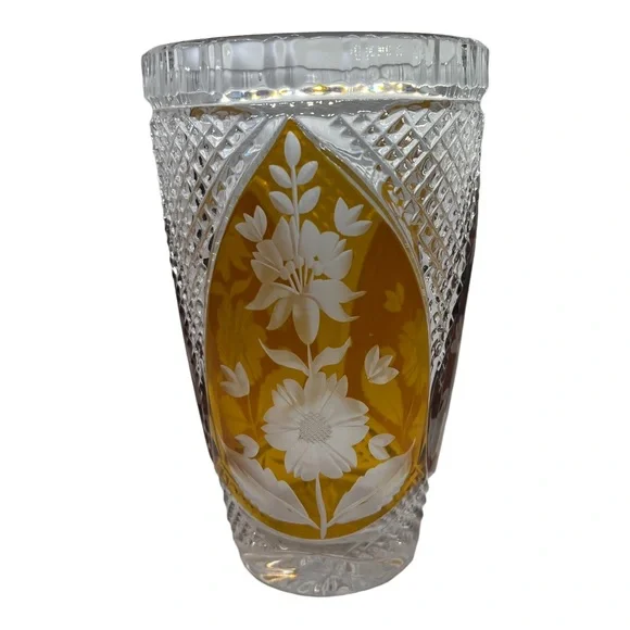 Czech Amber Crystal Three Panel Vase MCM Elegant Glass Vase