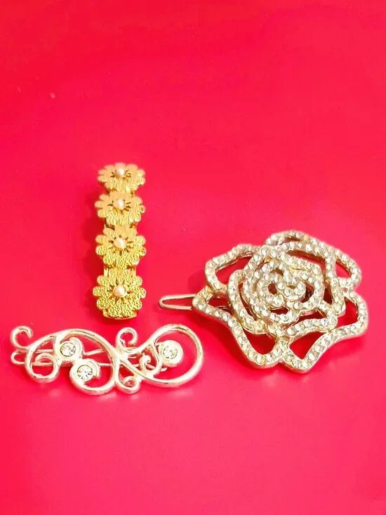 3 Pc Floral Rhinestone Hair Barrettes Gold Tone Daisy Pearl Silver Tone Pave