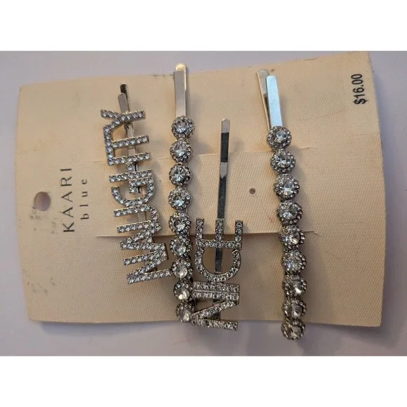 Kaari Blue Naughty Nice Rhinestone Hair Clip Set Silver Tone 4 Piece Bobby Pins