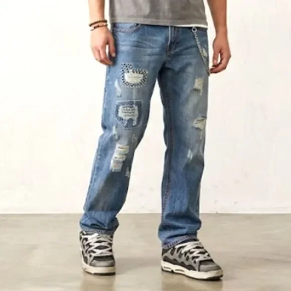 Vintage Destroyed Repaired Patched Jeans 32x27 Thrashed Grunge Streetwear Rock