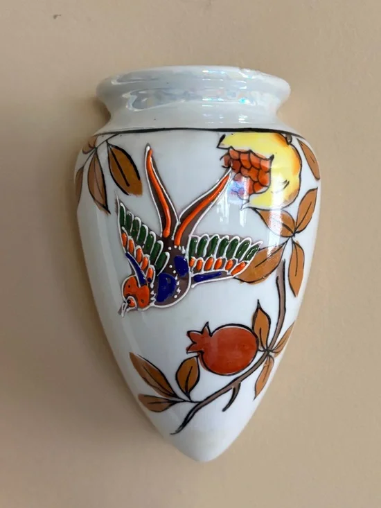 White Porcelain Wall Pocket Vase with Colorful Bird and Pomegranate Motif -Japan