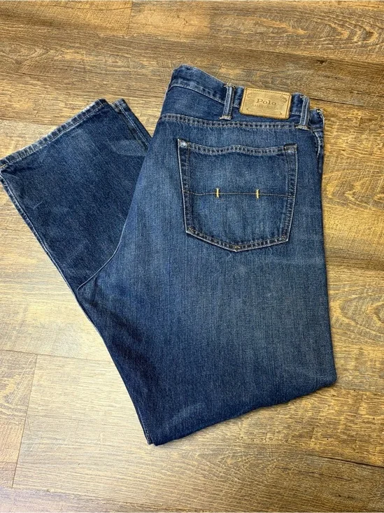 Polo Ralph Lauren Hampton Straight Jeans Men 38x30 Blue Denim Whiskered Distress