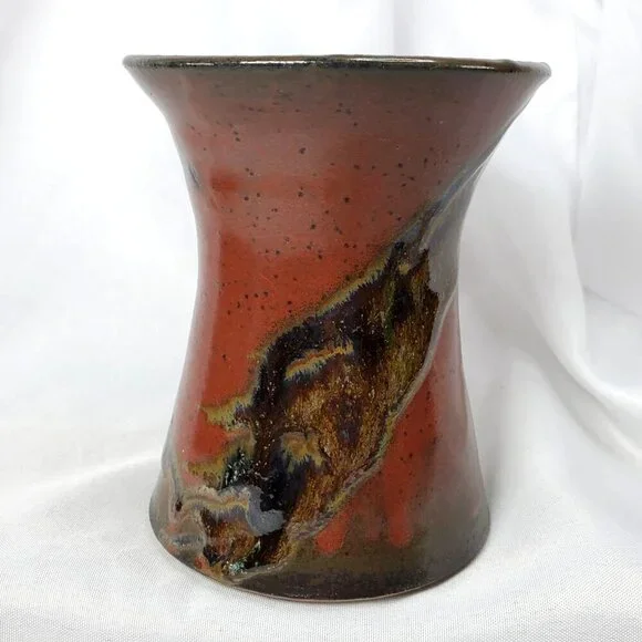 Artisan Studio Art Pottery Vase With Earthy Tones & Drip Glaze Detailing