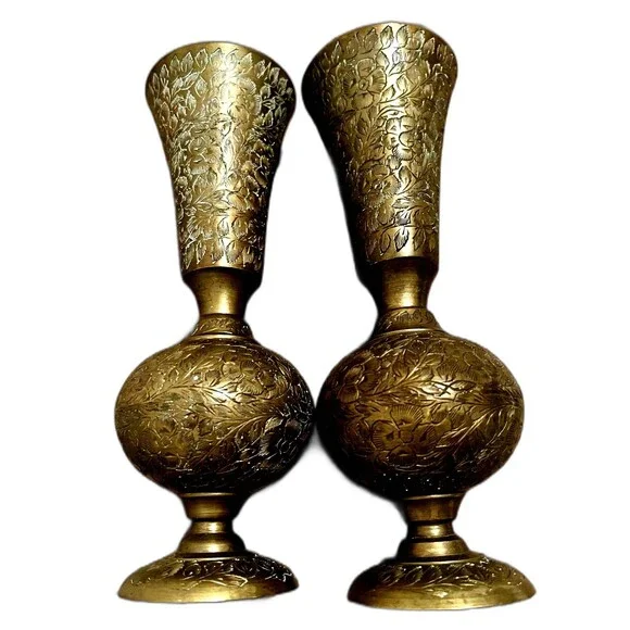 Antique Pair of hand-engraved brass Trumpet vases Goblets Floral Patina