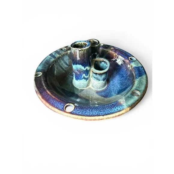 Vintage Art Pottery Ikebana Bowl Vase 3 Flutes Artisan Signed Piece Blue Glaze
