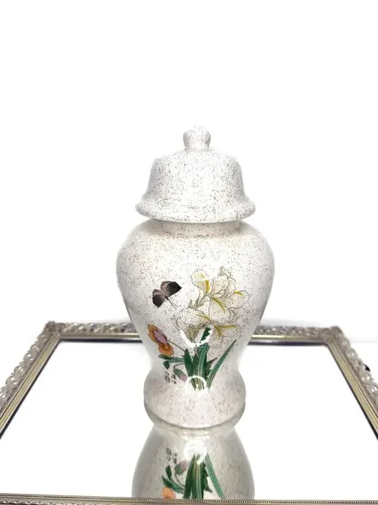Beautiful Vintage Ginger Jar with Floral Scene depicting Poppy flower, Iris