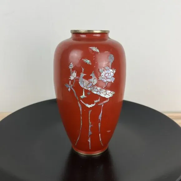 Vintage Asian Brass Red‎ Enamel Mother of Pearl Inlay Small Vase