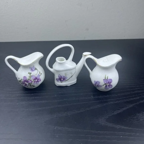Vintage Bone China Pitcher Violets Salt Pepper Shakers Floral Mini Set