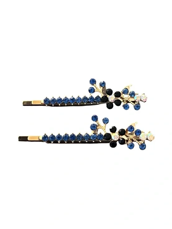Elegant Gold Blue Crystal Rhinestones Floral Hair Clips 2.5”FINAL PRICE DROP
