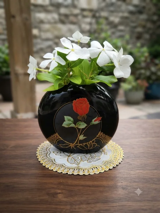 Otagiri Black Ceramic Vase with Red Rose and Gold Accents