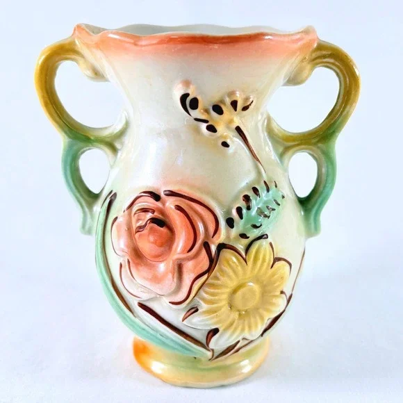 Vintage 3D Embossed Floral Ceramic Lusterware Vase Double Handle Made in Brazil
