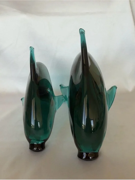 Vintage Green Art Glass Dolphin Figurines 10.5” & 8.5” Handmade Style – Set of 2