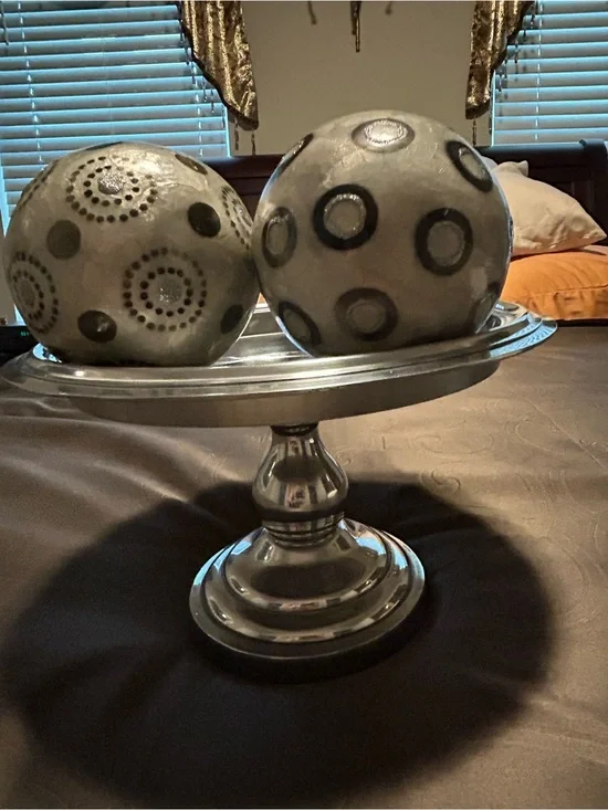 Threshold Silver Pedestal Bowl with Decorative Gray Accent Spheres