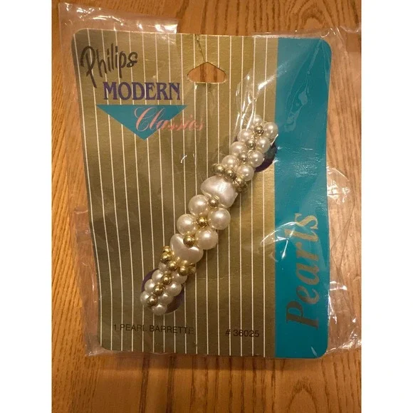 Philips Modern Classics Faux Pearl Heart Hair Barrette‎ Gold Tone Beads 36025