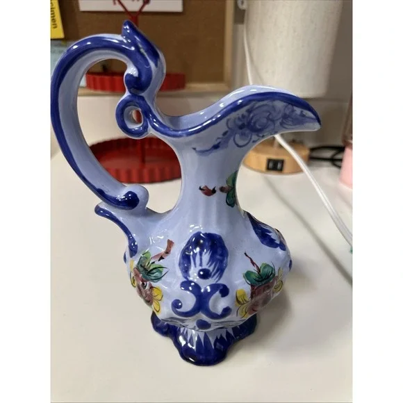 PORTUGAL Vintage Vase‎ Pitcher Blue & Floral Hand Painted and Numbered 7.5inch