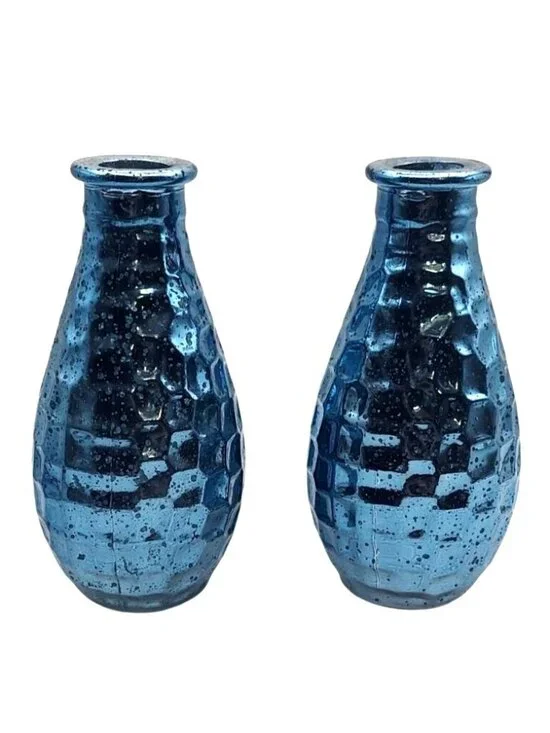 Retro Mercury Glass Blue Pebble Grain Textured Bud Vases Reflective Set Of 2