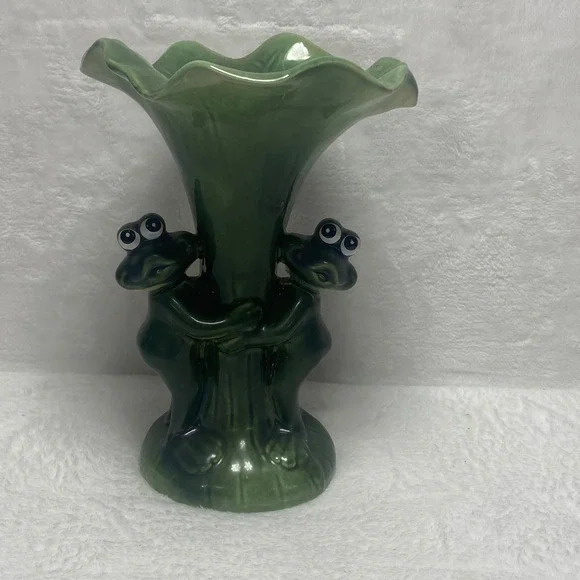 VTG La Dolce Vita‎ JA Green Ceramic Frog Vase Lily Pad Air Plant Candy Dish
