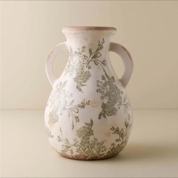 Distressed Floral Vase with Handles - Magnolia