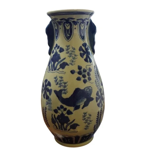 Blue and White Chinoiserie Fish‎ Motif Ceramic Vase with Handles 11 Inch Tall