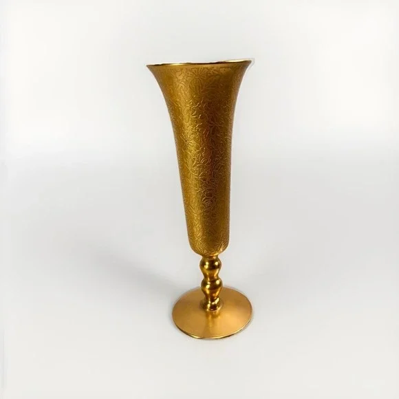 Ransgil Crystal‎ Bud Vase Gold Overlay Floral Trumpet Mid Century