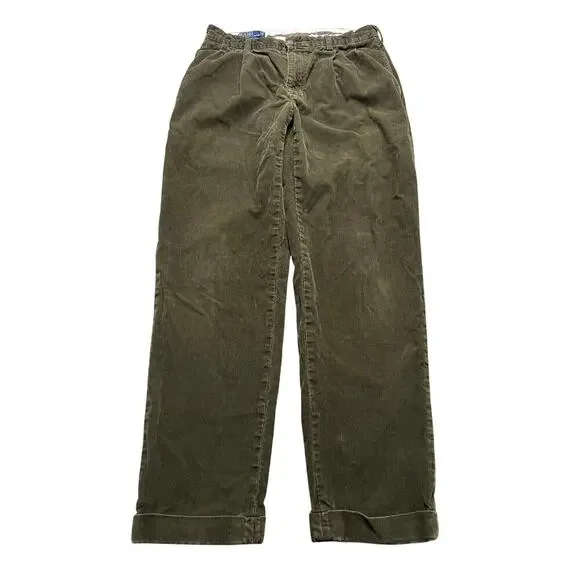 Vintage Polo Ralph Lauren HammonvCorduroy Pants Green Brown Pleated Cuffed 34/32
