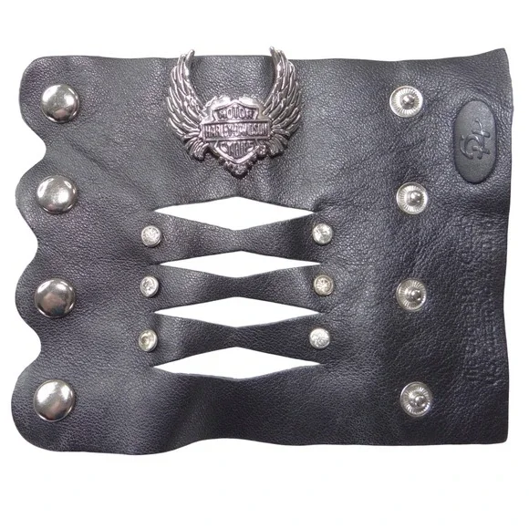 Harley-Davidson Black Leather Winged Heart Hair Glove Ponytail Wrap‎ Rhinestone