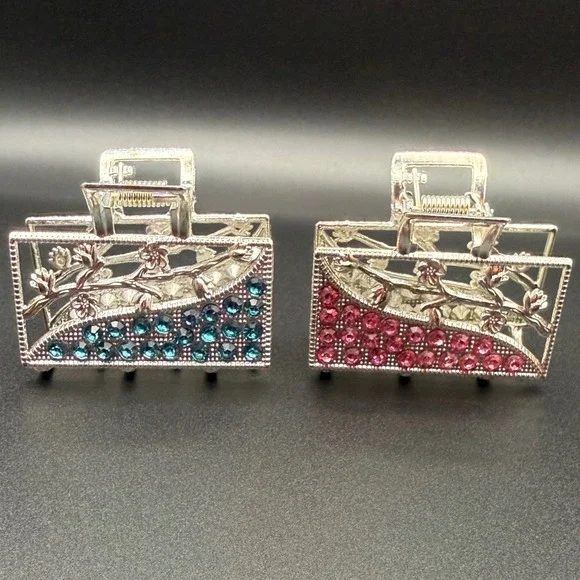 2pc Rhinestone Hair Claw‎ Clips Floral Design Silver Tone Blue Pink