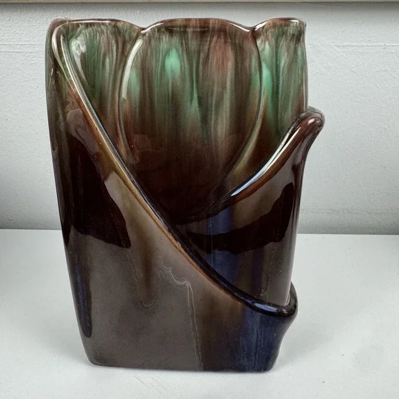 VTG Royal Haeger USA Pottery R651 Green Brown‎ Tulip Rectangle Drip Glaze Vase