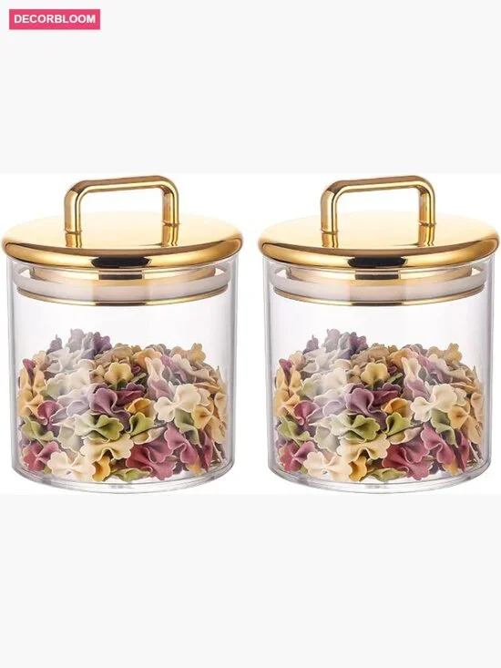 2 Small Airtight Storage Apothecary Jars with Gold Lid for Bathroom Vanity