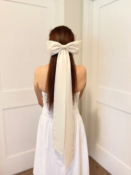 Handmade White Satin Wedding Hair Bow with Long Tails