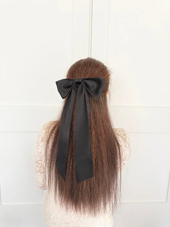Black Mulberry Silk Hair Bow Long Tail, Handmade Hair Clip