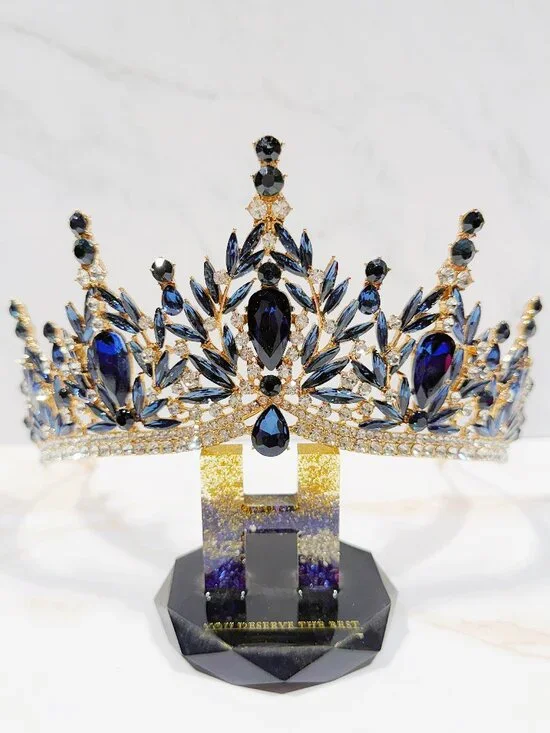 Navy blue tiara, Gold Crystal Crown, Rhinestone Tiara, Formal crown headpiece