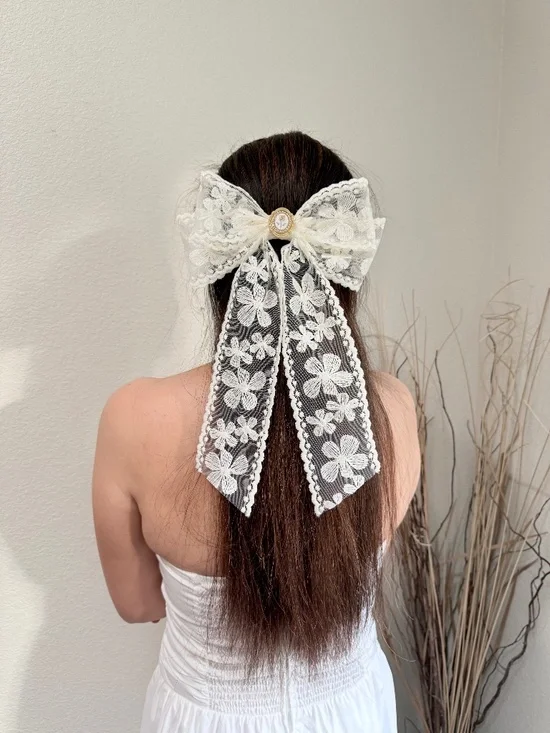 Ivory Lace Floral Hair Bow  Elegant Bridal Wedding hair Clip