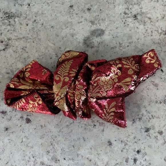 Vintage Large Red & Gold Multicolored Fabric Hair Bow Silky Clip Barrette