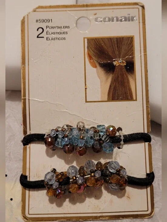 Vintage Conair Beaded Set Of 2 Ponytailers - Brown & Light Blue