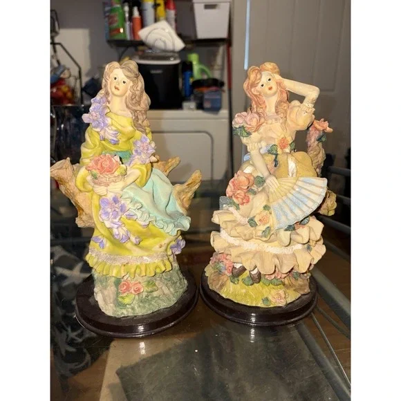 Vintage Victorian Style Lady Figurines Set 2pc Floral Dress Statue Decor 8