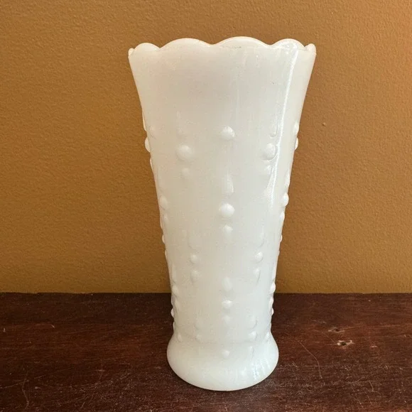 Vintage White Milk‎ Glass Vase Hobnail Bud Vase Scalloped Edge 7 Inches Tall