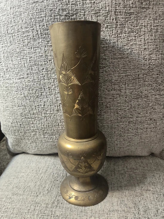 Brass Decorative Etched Vase Original Patina Finish 12