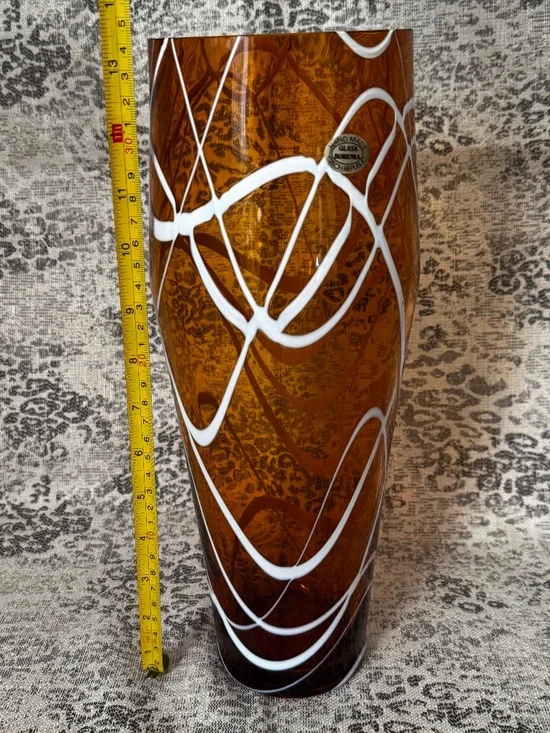 Hand Made Czech Republic Glass Bohemia Amber Vase w/White Abstract Lines