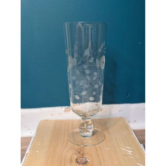 Vintage Etched Cut Floral Crystal Glass Footed Vase 10”