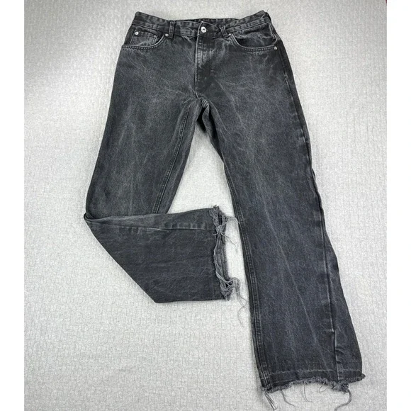 Zara Baggy Wide Leg Jeans Men 34/32x30.5 Black Distressed Raw Hem Straight Leg