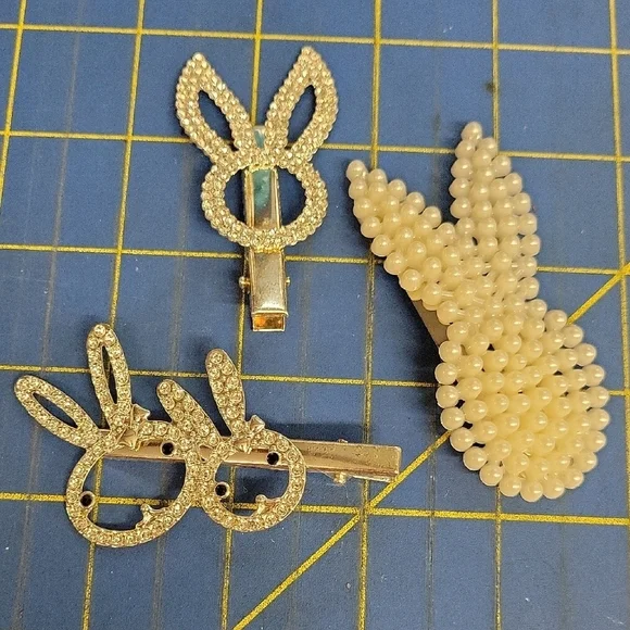 Bunny Pearl Faux Rhinestone Silver Tone Hair Clips Barette Set of 3